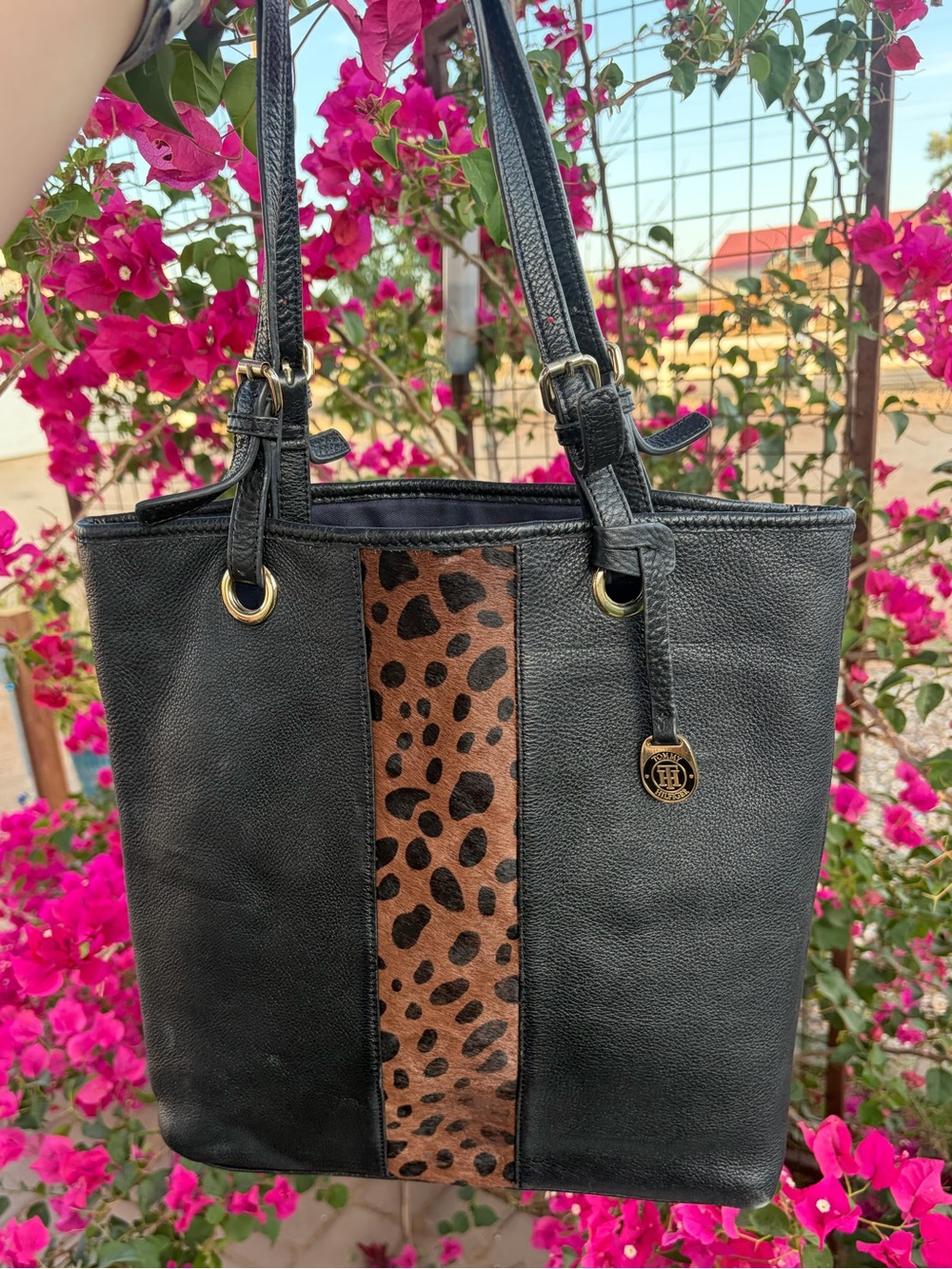 Tommy Hilfiger Black Tote Bag with Brown Leopard Accent